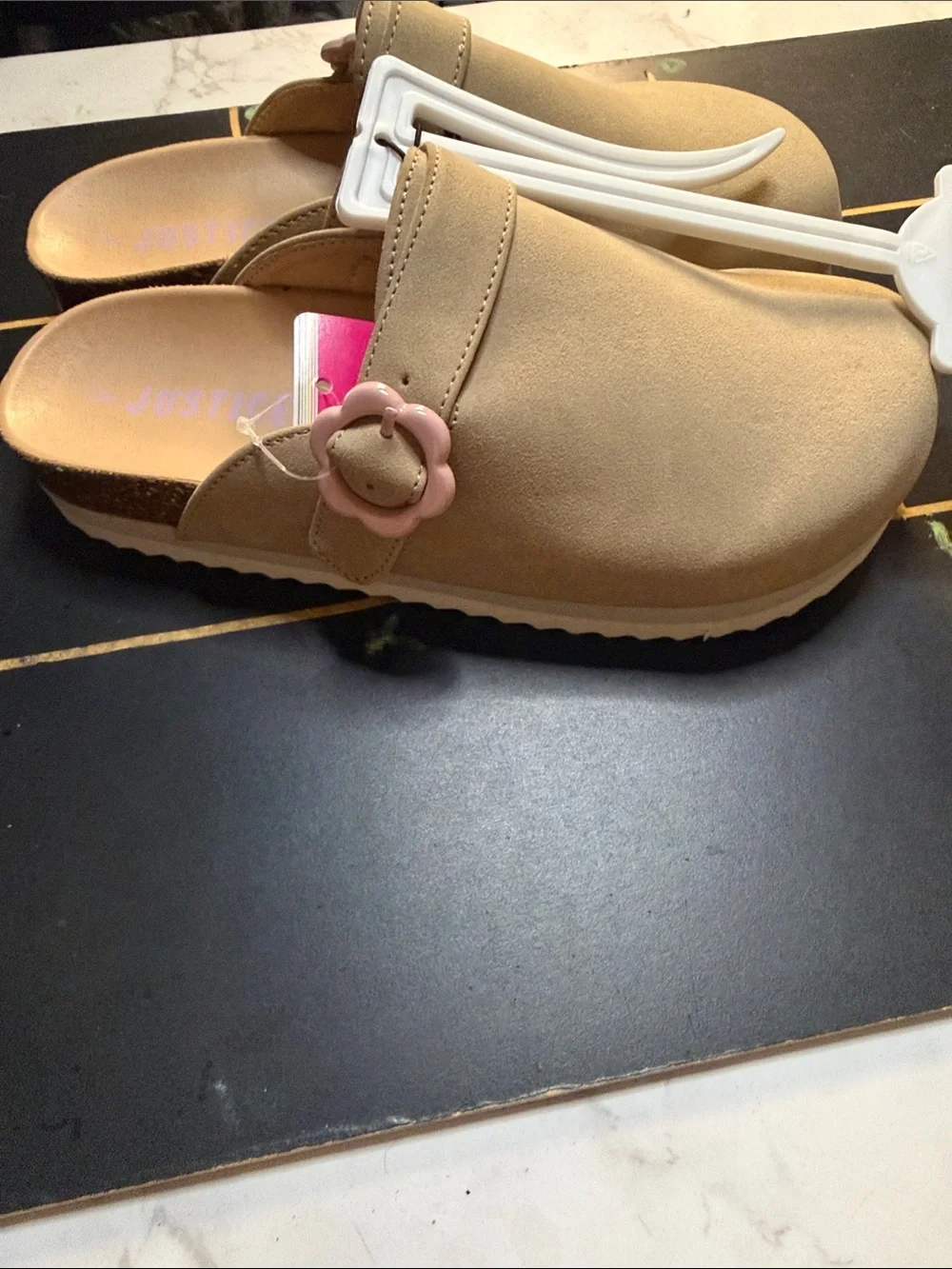 Justice Girls Tan Slip-On Clogs with Pink Flower Buckle